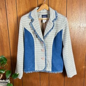 Vintage Forenza Mixed Media Tweed and Denim Fringe Blazer Jacket Blue Tan Size 8